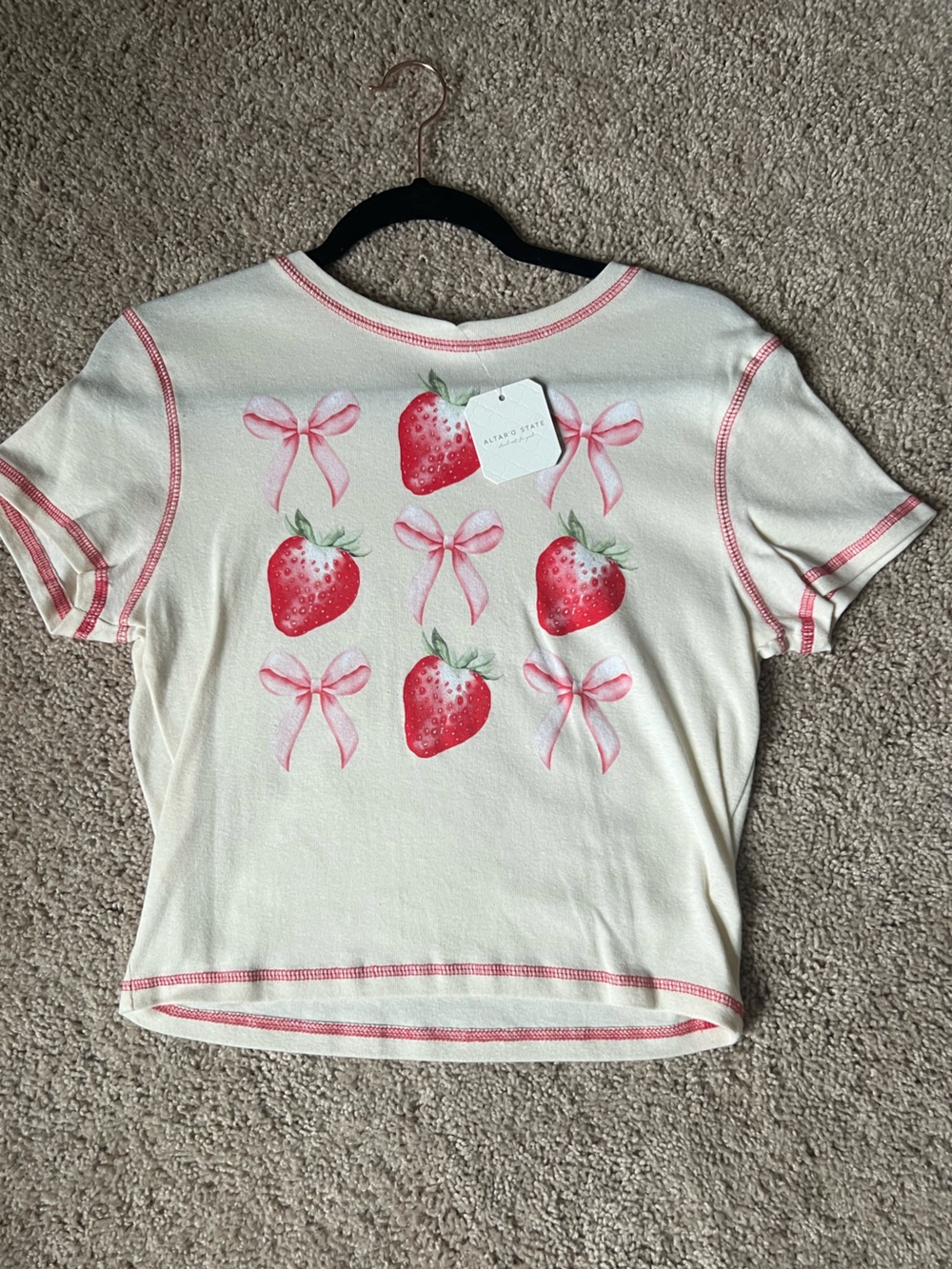 Altar'd State Cream Tee with Strawberry & Pink Bow Print